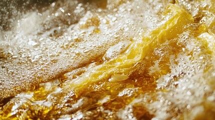 Close-Up of Bubbling Warm Liquid in a Pan, Capturing the Textures and Colors of Cooking, with Vivid Bubbles and an Inviting Golden Hue