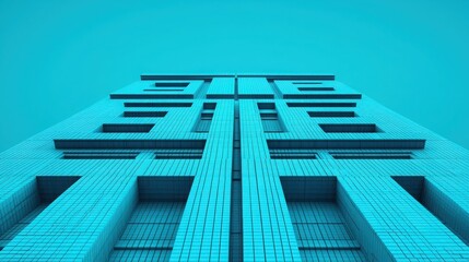 SEO search and visibility concept. A tall, modern building shot from a low angle, featuring a striking turquoise facade and geometric patterns that create a unique visual effect.