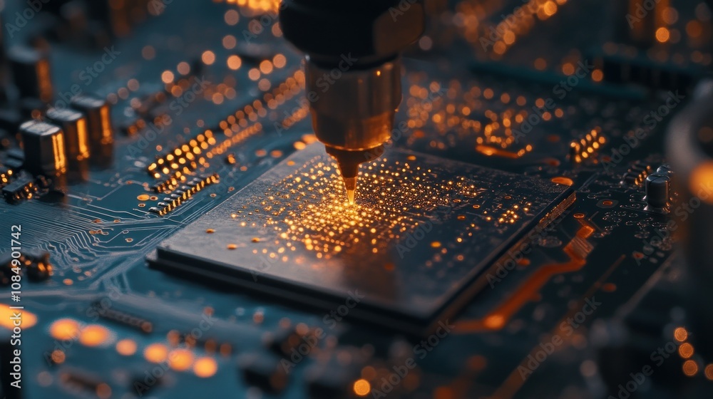 Poster close-up of a soldering iron tip melting solder on a circuit board
