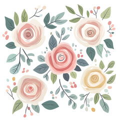 modern 2D doodle cartoon flower concept with open space for text, featuring whimsical floral and leafy elements on crisp white backgrounds.