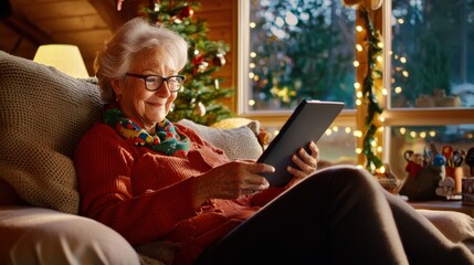 Elderly woman exploring tablet in cozy living room at home - Powered by Adobe