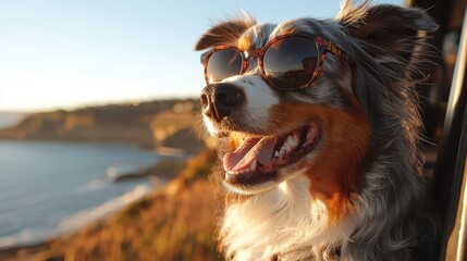 A Joyful Dog Enjoying a Scenic Coastal Ride with Sunglasses, Capturing the Essence of Freedom and Adventure on a Sunny Day by the Ocean