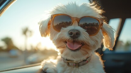 Happy Dog with Sunglasses Enjoying a Ride in a Car During Sunset, Capturing a Joyful Moment with Radiant Expression and Playful Spirit