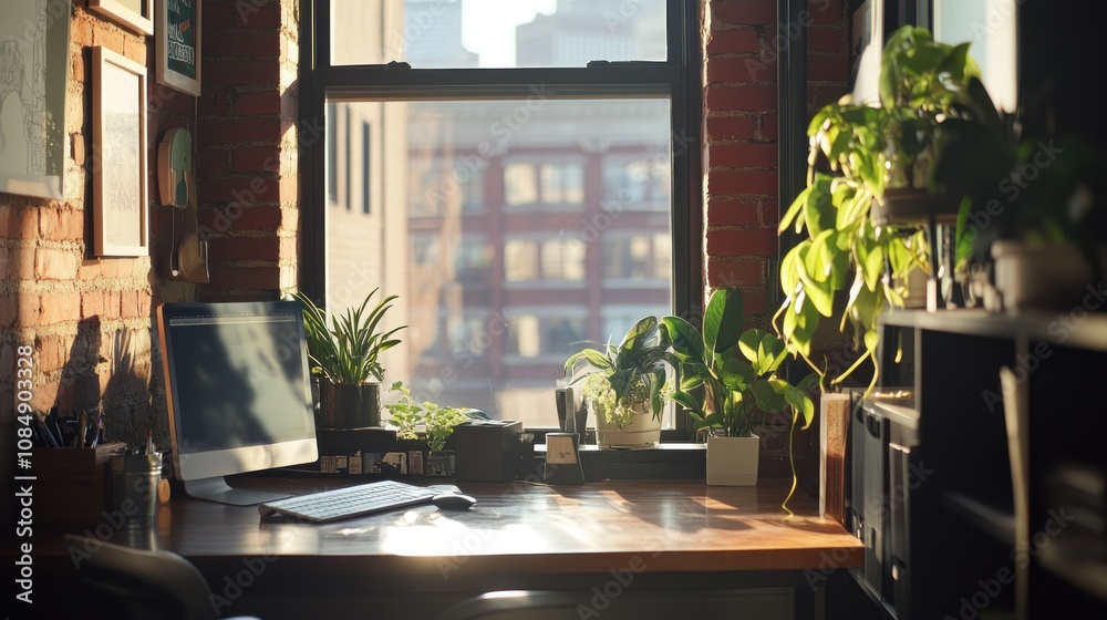 Aufkleber Sunlit Workspace with Plants and a Computer by a Window