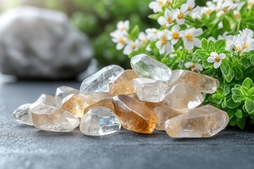 A collection of beautiful crystals rests next to vibrant flowers in a peaceful outdoor space.