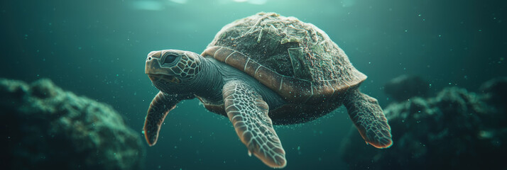 Obraz premium turtle swims gracefully underwater, showcasing its unique shell and flippers. serene environment highlights beauty of marine life and importance of ocean conservation