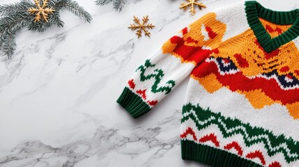 Fashionable fair isle sweater on marble surface
