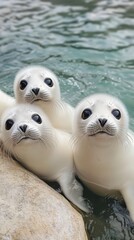Playful Seals Gathering at the Water's Edge, Looking Up with Curious Expressions and Soft Fur, In a Natural Marine Habitat with Bright Reflections