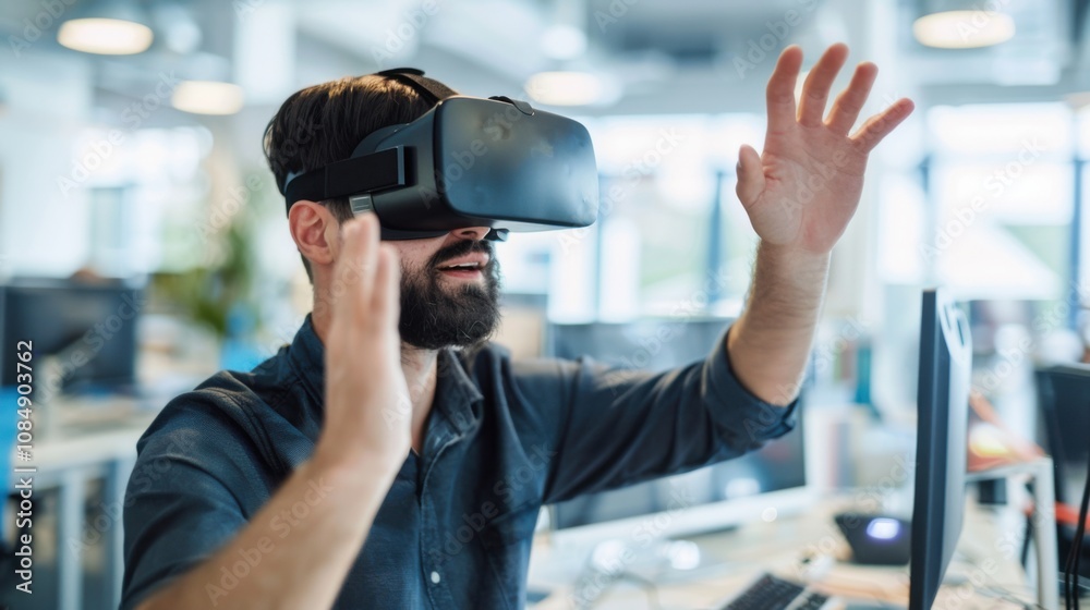 Poster An entrepreneur developing virtual reality applications for business presentations and immersive client experiences, VR business scene, Entrepreneurial style