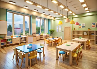 Bright Minimalistic Kindergarten Classroom with Sunlight and Wooden Furniture for Inspiring Learning Environments
