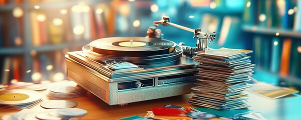 Vintage Turntable and Stack of Vinyl Records.