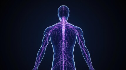 Digital Illustration of Human Body with Glowing Nervous System and Spinal Cord Displaying Complex Neural Pathways in a Dark Background