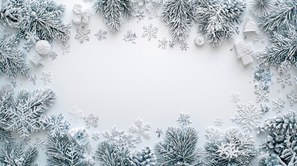 Winter Wonderland Background with Fresh Green Pine Branches, Snowflakes, and Decorative Elements for Holiday Crafts and Celebrations in a Serene Atmosphere