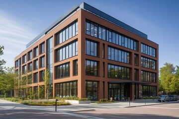 Fototapeta premium A contemporary office building features large windows and is surrounded by lush landscaping.