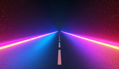 neon road stretches into distance, evoking sense of adventure and mystery