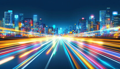 Fototapeta premium night cityscape with colorful light trails and skyscrapers