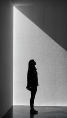 a woman standing in a hallway, looking upwards. The hallway is dimly lit by two large, white, vertical columns of light.