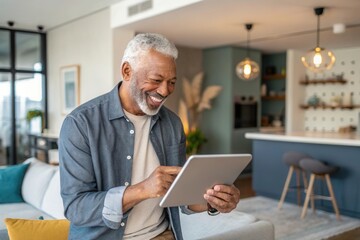 Obraz premium A cheerful elderly man interacts with a tablet in a stylish, contemporary living room. He sits comfortably on a couch, showcasing a joyful expression as he engages with the device, surrounded by elega