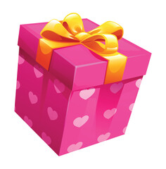 Pink gift box with heart patterns and golden ribbon, symbolizing love and celebration. Vector cartoon illustration