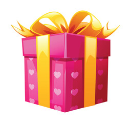 Pink gift box with heart patterns and golden ribbon, perfect for Valentine's Day. Vector cartoon illustration