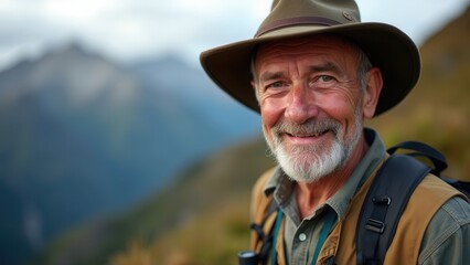 Obraz premium An elderly man stands on a mountain trail, smiling joyfully as he takes in the surrounding nature. Dressed for hiking, he radiates warmth and wisdom in the bright daylight against a stunning mountain 