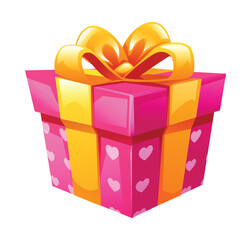 Pink gift box with heart patterns and golden ribbon, representing love and celebration for Valentine's Day. Vector cartoon illustration