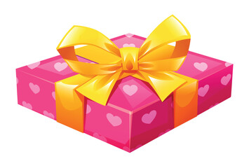 Naklejka premium Pink gift box with golden ribbon, decorated with heart patterns, perfect for Valentine's Day. Vector cartoon illustration