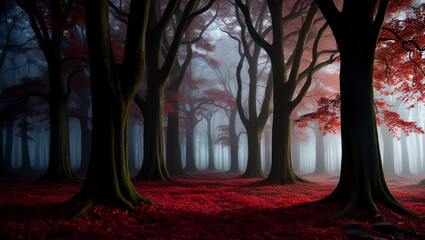 Spooky mystery in the wet dark forest of autumn