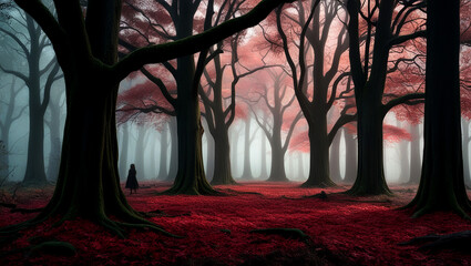 Spooky mystery in the wet dark forest of autumn