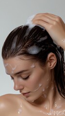 Naklejka premium Serene Morning Routine: Young Woman Washing Her Face with Radiant Skin