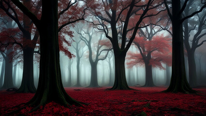 Spooky mystery in the wet dark forest of autumn