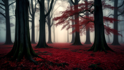 Spooky mystery in the wet dark forest of autumn