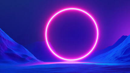 Obraz premium 3D circular stage neon light mountain lake landscape futuristic cyberpunk blue pink background. glow halo round frame laser ring abstract cosmic fashion wallpaper