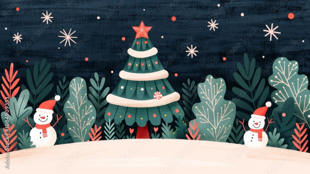 Wall mural here's a and keyword list suitable for a stock photo site.. festive christmas tree scene with snowme