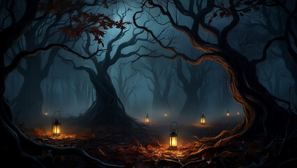 Spooky mystery in the wet dark forest of autumn