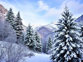 Fototapeta premium Winter landscape with snow covered trees and mountains, weather, nature, cold