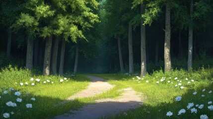 Obraz premium Serene Forest Path with Lush Foliage and Blooming Flowers