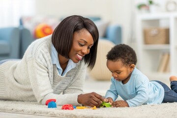 Obraz premium A joyful mother engages with her curious toddler on a soft rug, surrounded by colorful toys. Their cozy living room, filled with natural light, creates a warm atmosphere for playful learning and bondi