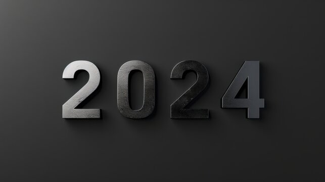 Bold "2024" in sleek typography against a solid black backdrop, New year concept, Modern style