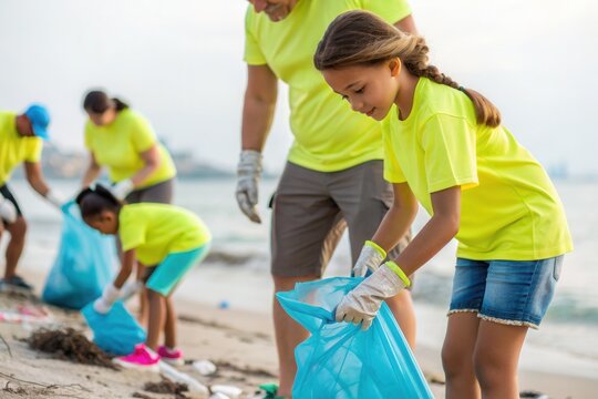 A group of volunteers in bright yellow shirts gathers litter along a scenic beach. Adults and children work together, using gloves and blue bags to collect trash, fostering a sense of community and ca - Powered by Adobe