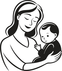 Mothers Day line art vector Single line drawing Woman hold her baby Vector illustration
