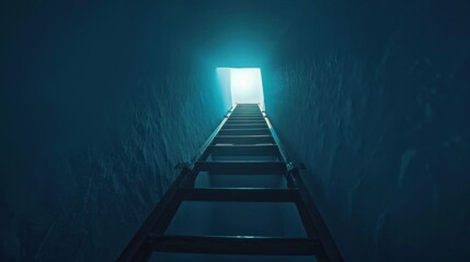 Capture the essence of ambition with a ladder reaching towards a glowing light, Ladder to light scene, Inspirational style