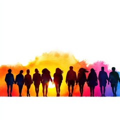 Fototapeta premium A silhouette of a diverse group of people holding hands against a vibrant sunset, symbolizing unity and friendship.