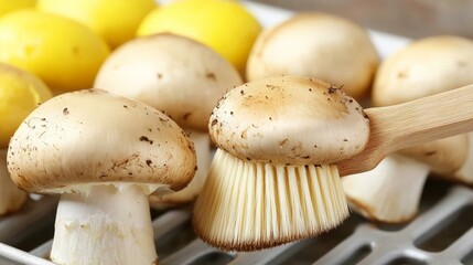 Cleaning Fresh Mushrooms with a Brush for Cooking