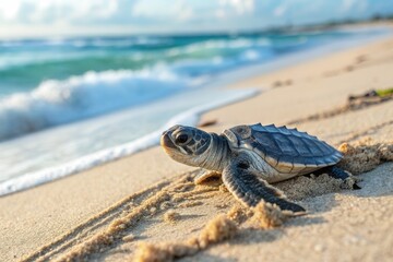 A hatchling sea turtle crawls across the sand heading toward the waves during dawn.