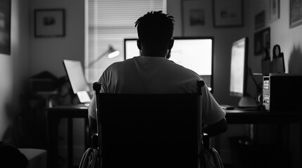 Fototapeta premium Black and white photo of a man in wheelchair sitting at computer and working at home