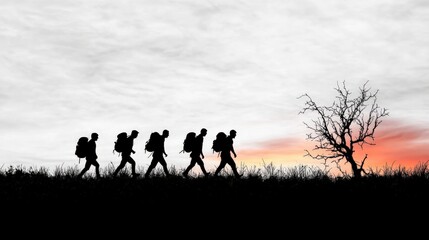 Silhouetted hikers trek along a path at sunset, showcasing companionship and adventure against a dramatic sky.