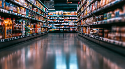 grocery store aisle filled with various products, showcasing colorful packaging and organized shelves. shiny floor reflects vibrant items, creating lively shopping atmosphere