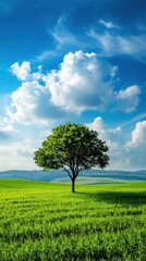Fototapeta premium A solitary green tree stands against a vibrant sky filled with clouds, surrounded by lush grasslands, illustrating the beauty of nature.
