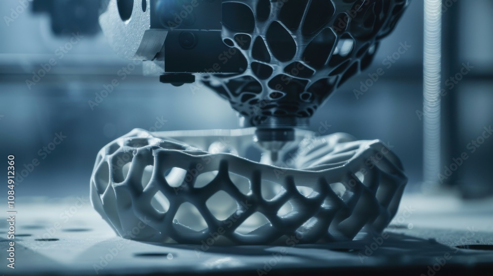 Poster Capture the spirit of innovation with a close-up of a 3D printer creating a complex object, 3D printing scene, Futuristic style